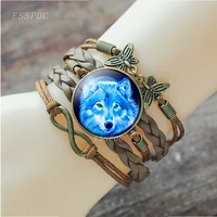wolf head charm bracelets howling wolf at the moon glass cabochon infinity jewelry multilayer rope bracelet