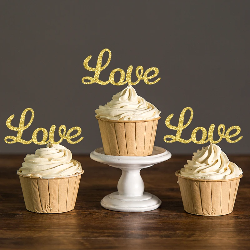 Черные/серебряные и золотые блестящие топперы для влюбленных капкейков