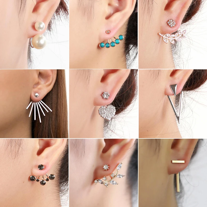 Jisensp Korean Fashion Crystal Front Back Double Sided Stud Earrings for Women Ear Jackets Piercing Jewelry Earing Pendientes