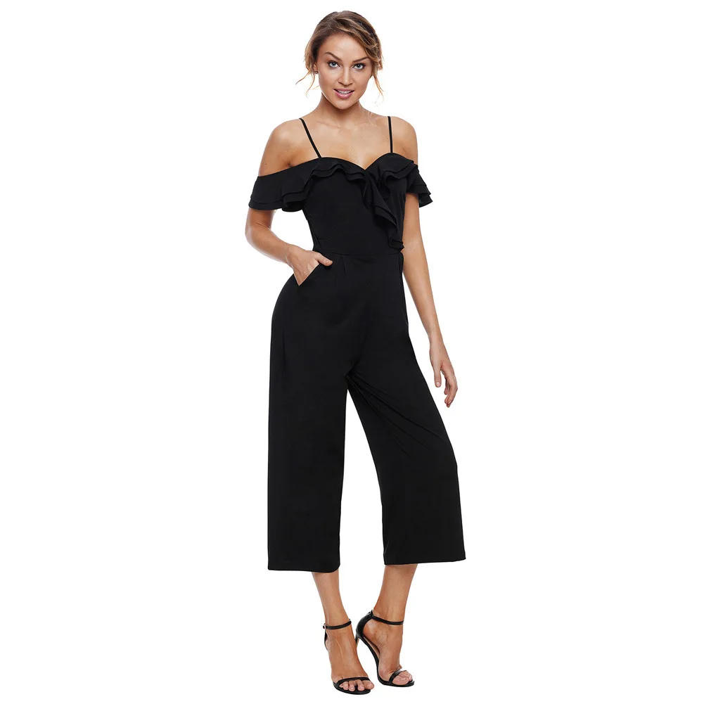 Summer New Pattern Solid Color Tube Top Short Sleeve Contain Pocket Back Zipper Leisure Time Black Jumpsuit | Женская одежда