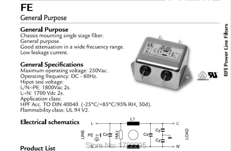 

Original FE-20Z RFI Power Line Filter low leakage current, good attenuation in a wide frecuency range Operating frequency 60Hz