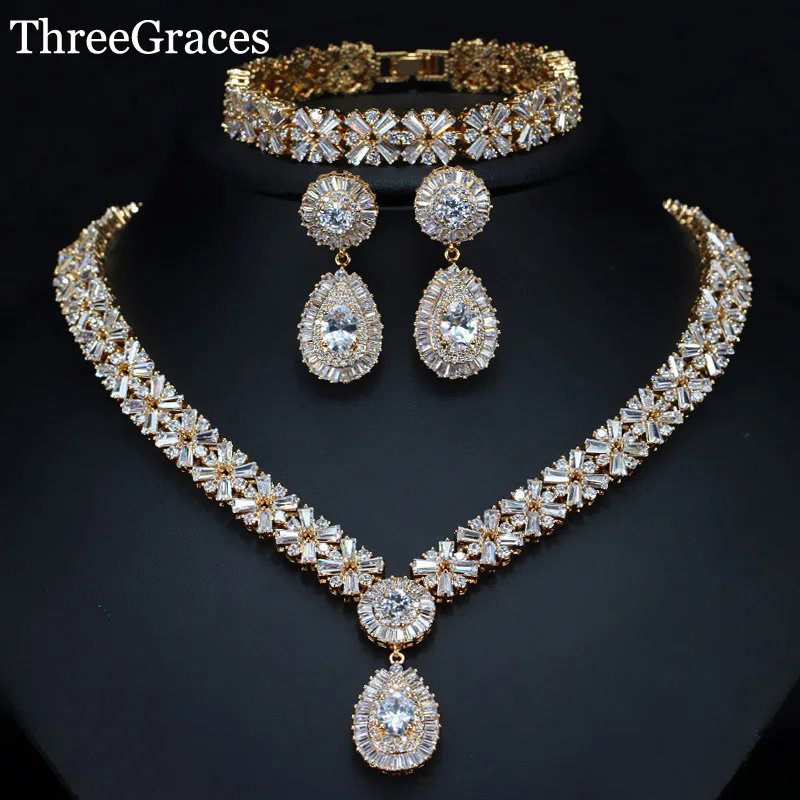ThreeGraces Роскошные Дубай комплект ювелирных украшений золотистого цвета большая капля воды свадебное фианитовое Цепочки и ожерелья серьги Браслеты для невест JS057