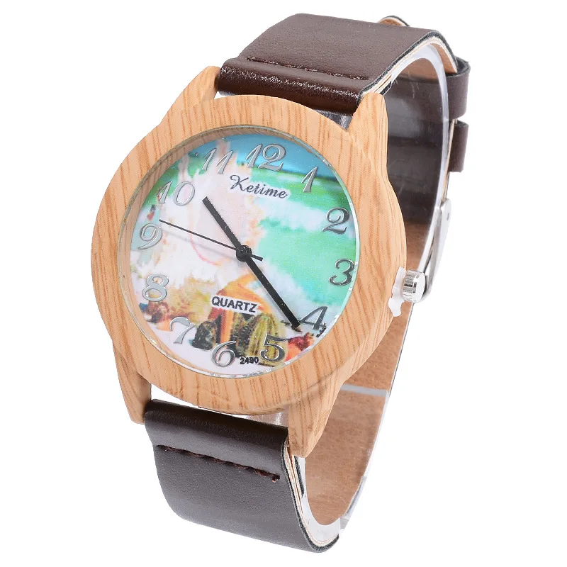 

YULUCH New Fashion Wood Grain Woman Quartz Watch Personality Beach Pattern Ladies PU Belt Watch Cartoon Cute Gift
