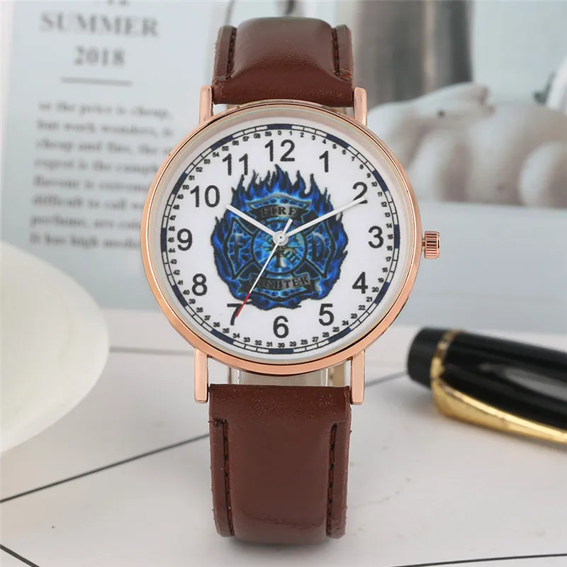 

2019 Quartz Men Watch Fire Brigade Signs Dial Black Strap Brown Leather Band 2 Colors Wristwatch Boys Gift horloges mannen