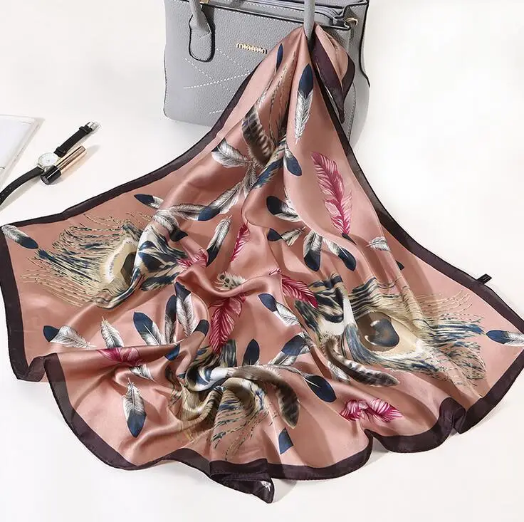 

Yishine 70*70 CM New Fashion Feather Prints Women Shawl Satin Small Squares Head Bag Decorative Scarves Silk Scarf