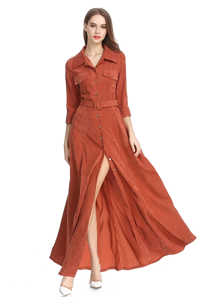 Женское осеннее винтажное вельветовое платье макси с длинным рукавом 2018 Новое