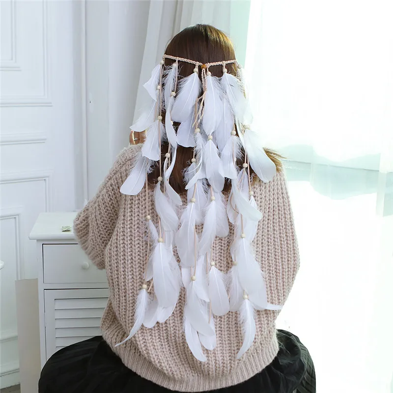 

Popular Hot Sale Bohemian Wind Color Girl Fashion Indian Long Feather Headband Hair Rope Hand Weaving Hair Accessories