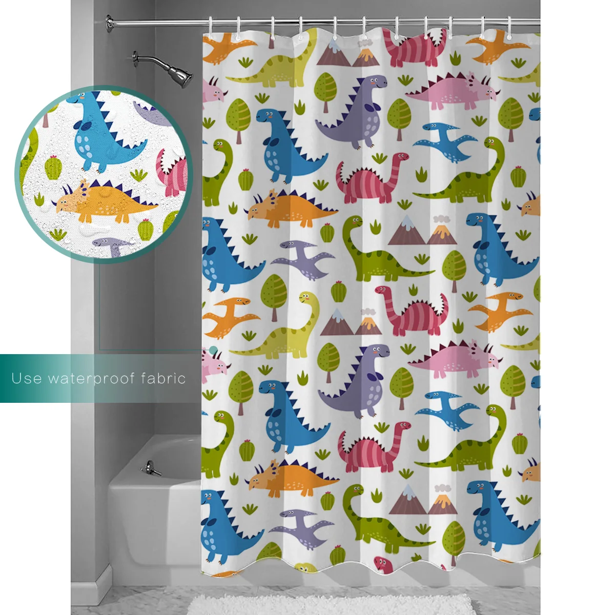 OURHouse Lovely Dinosaur Patterns Shower Curtain 84 Inch Liner Bathroom Sets Childrens Unique Girls Rings Cloth Hooks Cool Cu | Дом и сад