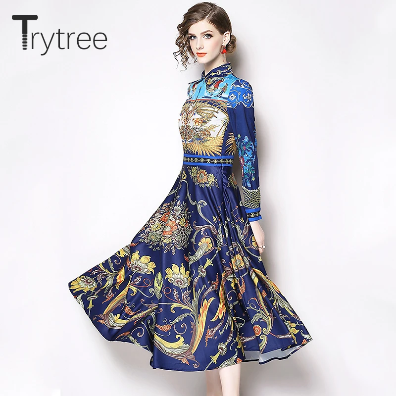 Trytree/осеннее платье элегантное Шелковистое ТРАПЕЦИЕВИДНОЕ женское рубашка с