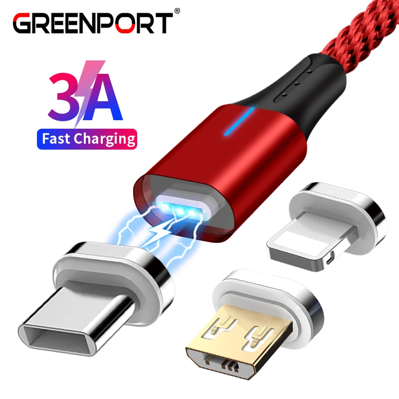 Магнитный кабель Micro USB Type C GREENPORT Lightning для iPhone 3 а быстрой зарядки магнитный