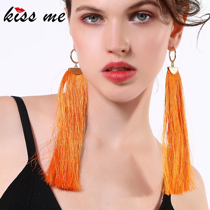 Женские длинные серьги кисточки KISS ME оранжевые и зеленые висячие с бахромой из