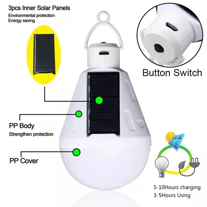

Solar Powered LED Bulb Camping Lantern USB Rechargeable Waterproof Emergency Bulbs for Landscape Garden Outdoor Tent Fishing