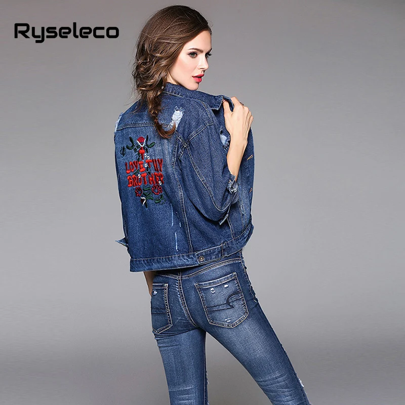 Ryseleco леди Новый стиль личности отверстие Винтаж джинсовая куртка Мода Письмо