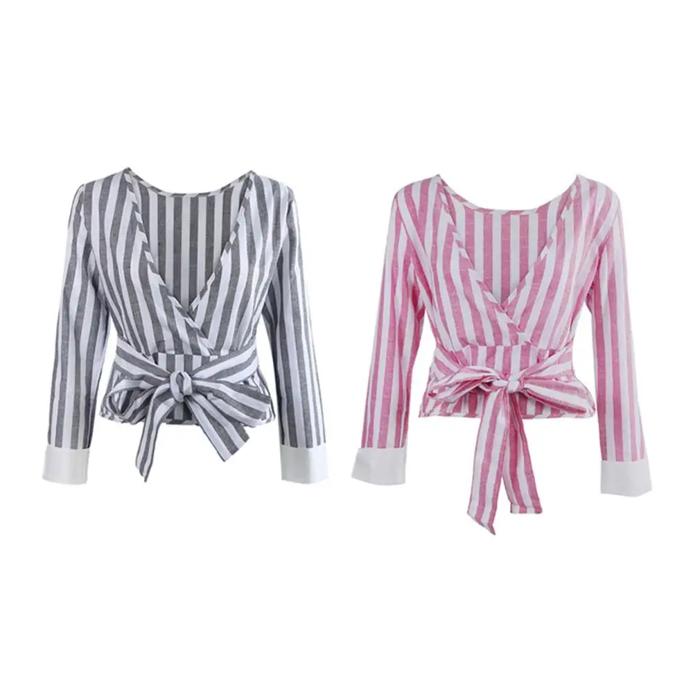 Женская блузка в полоску с бантом длинным рукавом и круглым вырезом | одежда