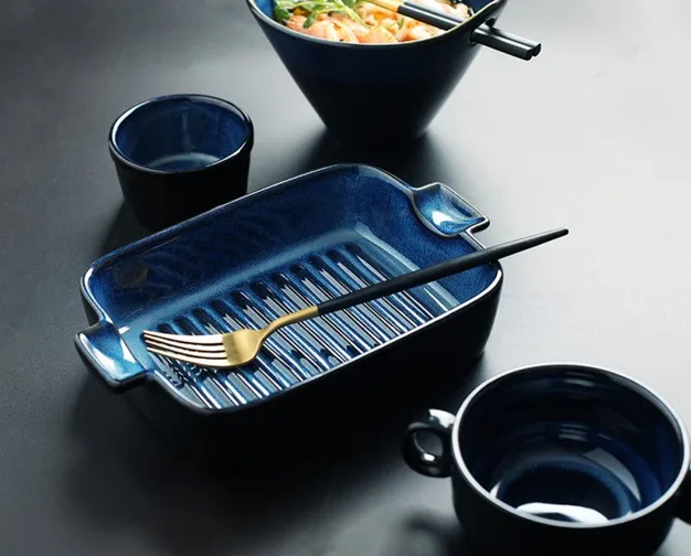 Синяя керамическая миска для лапши столовые тарелки супа салата поднос|bowl