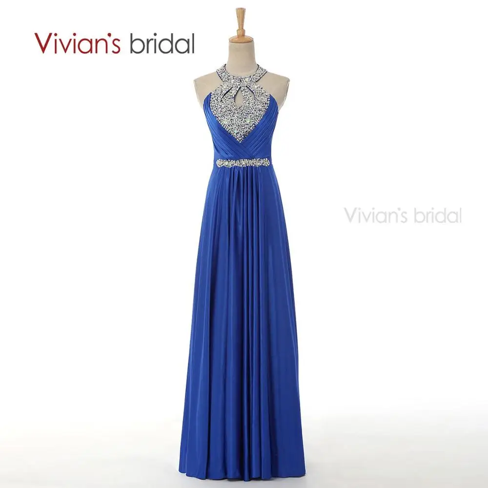 Vivian's Bridal A Line вечернее платье длинное Бисероплетение Кристалл Холтер атласное Формальное вечернее платье ED8010 - Цвет: Royal Blue