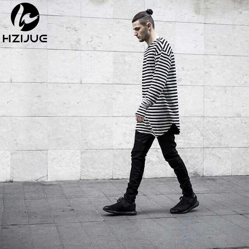 Мужская футболка с длинным рукавом HZIJUE Модная хлопковая в полоску закругленным