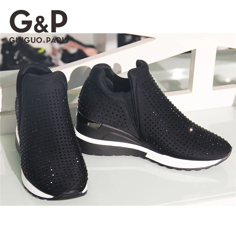 BLACK Стразы спортивная обувь босоножки на высоком каблуке Blingbling Женская дышащая женская обувь из сетчатого материала с блестками на не сужающемся книзу массивном кроссовки Обувь для отдыха Дамская обувь - Цвет: BLACK