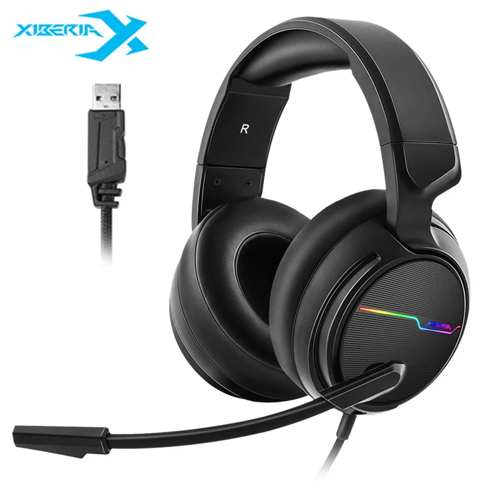 Xiberia V20 USB 7,1, гарнитура с объемным звуком, бас с микрофоном, светодиодный, игровые наушники для геймера, компьютера, ноутбука, ПК, Mac