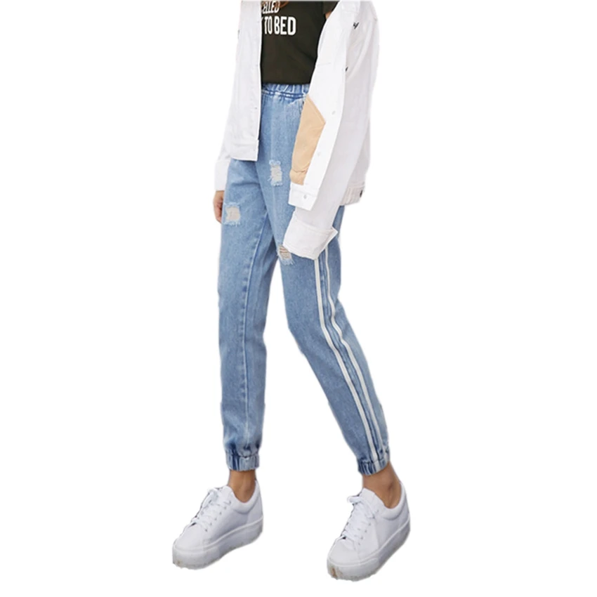 2018 New Vintage Holes Jeans Women Casual Denim Pant Spring Summer High Waist Ripped Jean Ladies White Striped jogger pants |