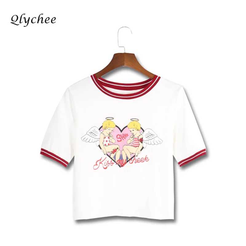 Qlychee сладкий письмо угол Футболка с принтом Для женщин полоса воротник короткий