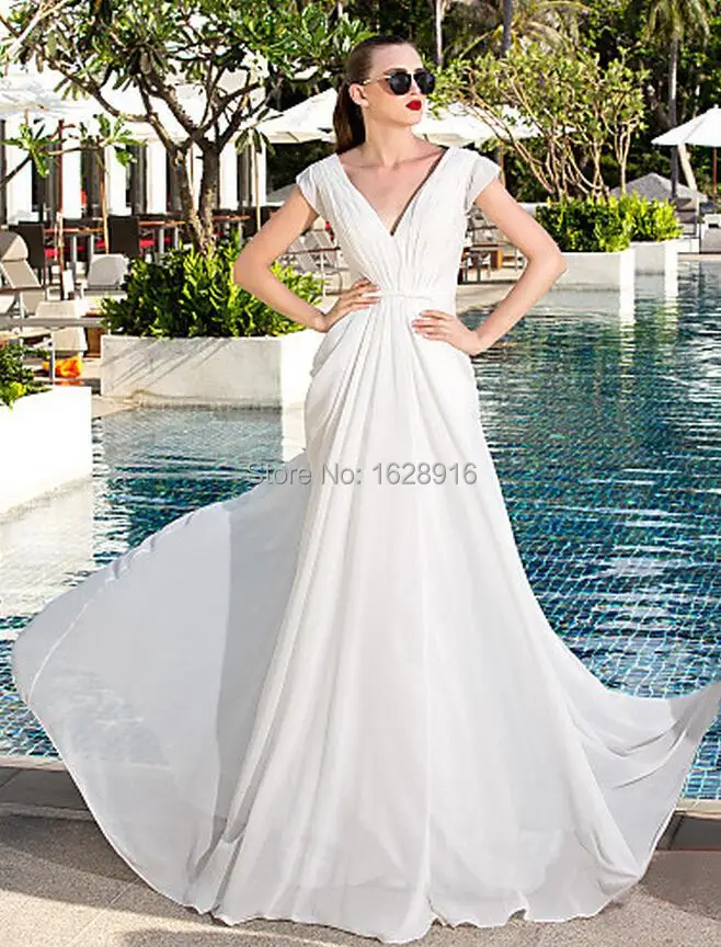 2016 New Beach Wedding Dresses V-Neck Draped Caped Sweep Train Chiffon Bridal Gown Elegant Custom Made Sexy Gowns | Свадьбы и