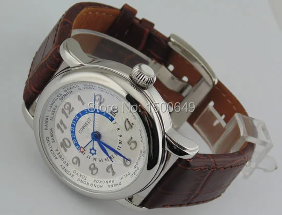 Corgeut 43 мм полированный корпус из нержавеющей стали белый циферблат 1 2 3 4 5 6 7 8 9 10 11 12