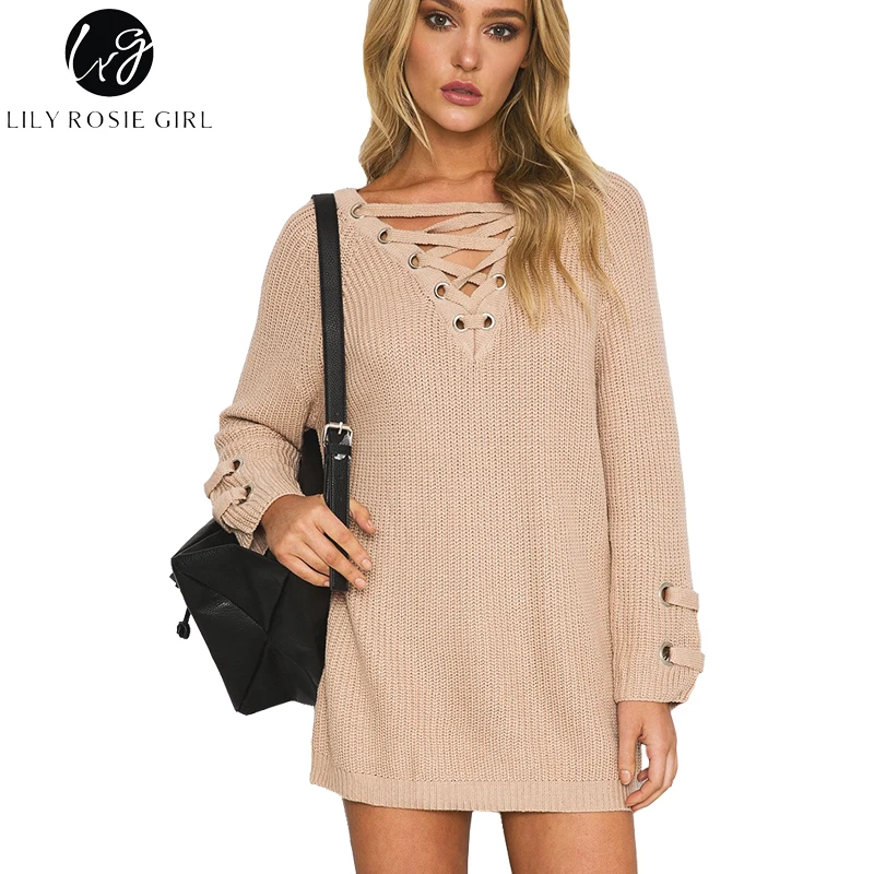 Lily Rosie Girl Lace Up V Neck Women Casual Long Sweaters Pullovers Knitting Full Sleeve Feeme Sueter 2018 Autumn Winter Jumpers | Женская