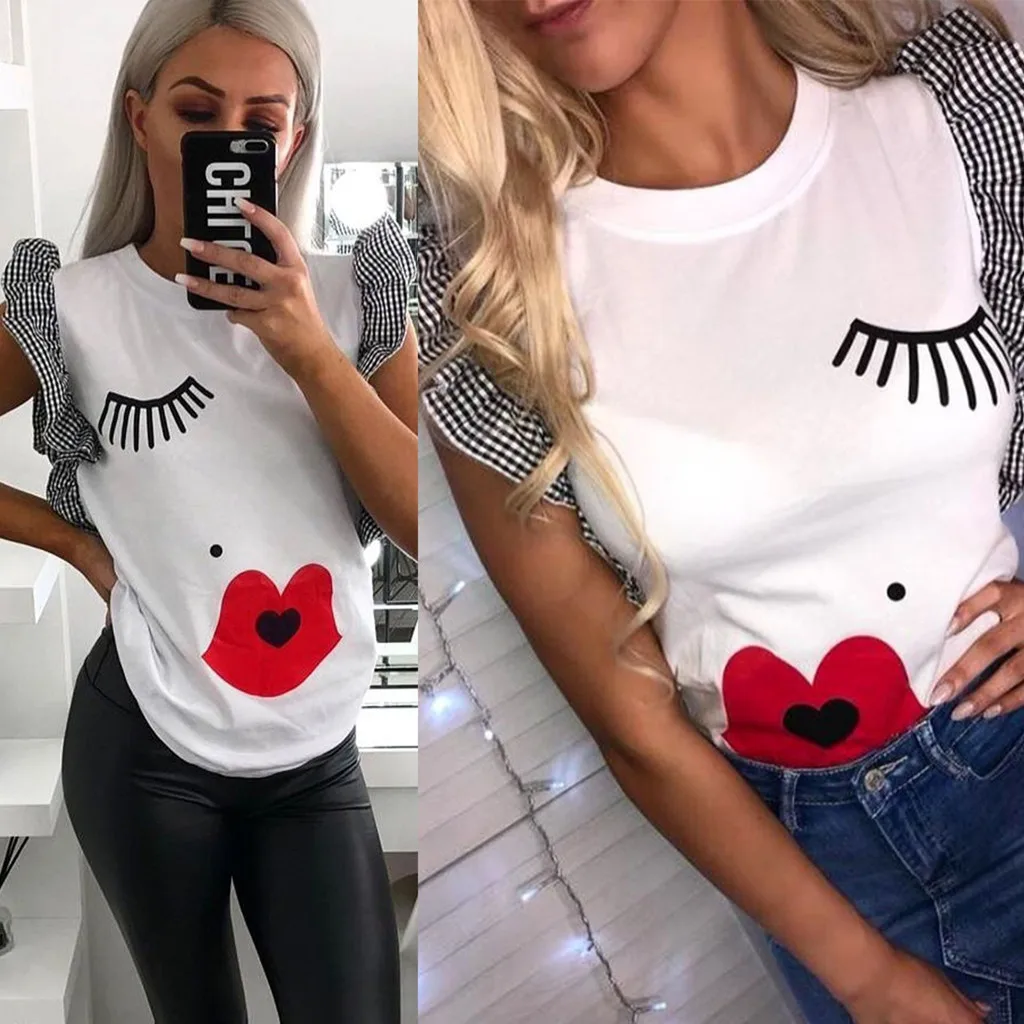 Женская блузка с принтом глаз и губ топы рукавом-бабочка женская рубашка круглым