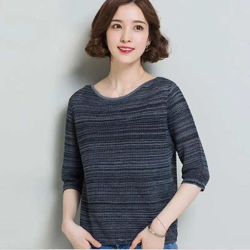 Новинка лета 2017 женские тонкие футболки вязаные топы свободного кроя с круглым