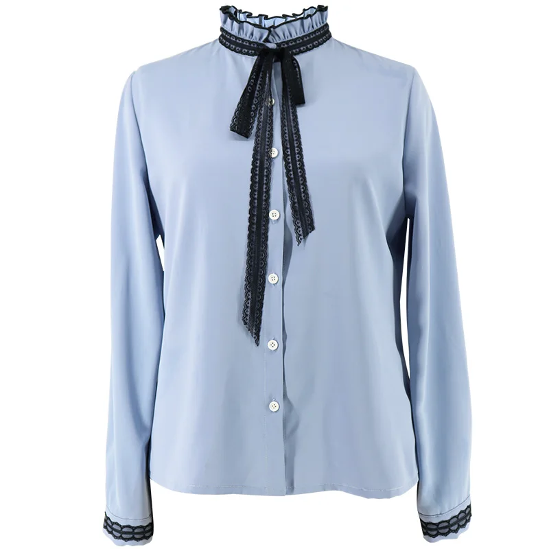 

New style Italy band chiffon shirt women long-sleeved casual blue shirt girls S-XL stand collar solid shirt ladies tops overhemd