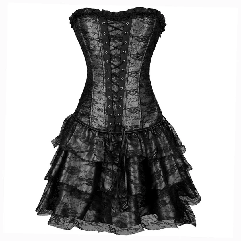 

Lace Corset + Skirt Sexy Women Corset and Bustier Burlesque Club wear Gothic Corset Dress lace Waist Trainer Green Black Red set