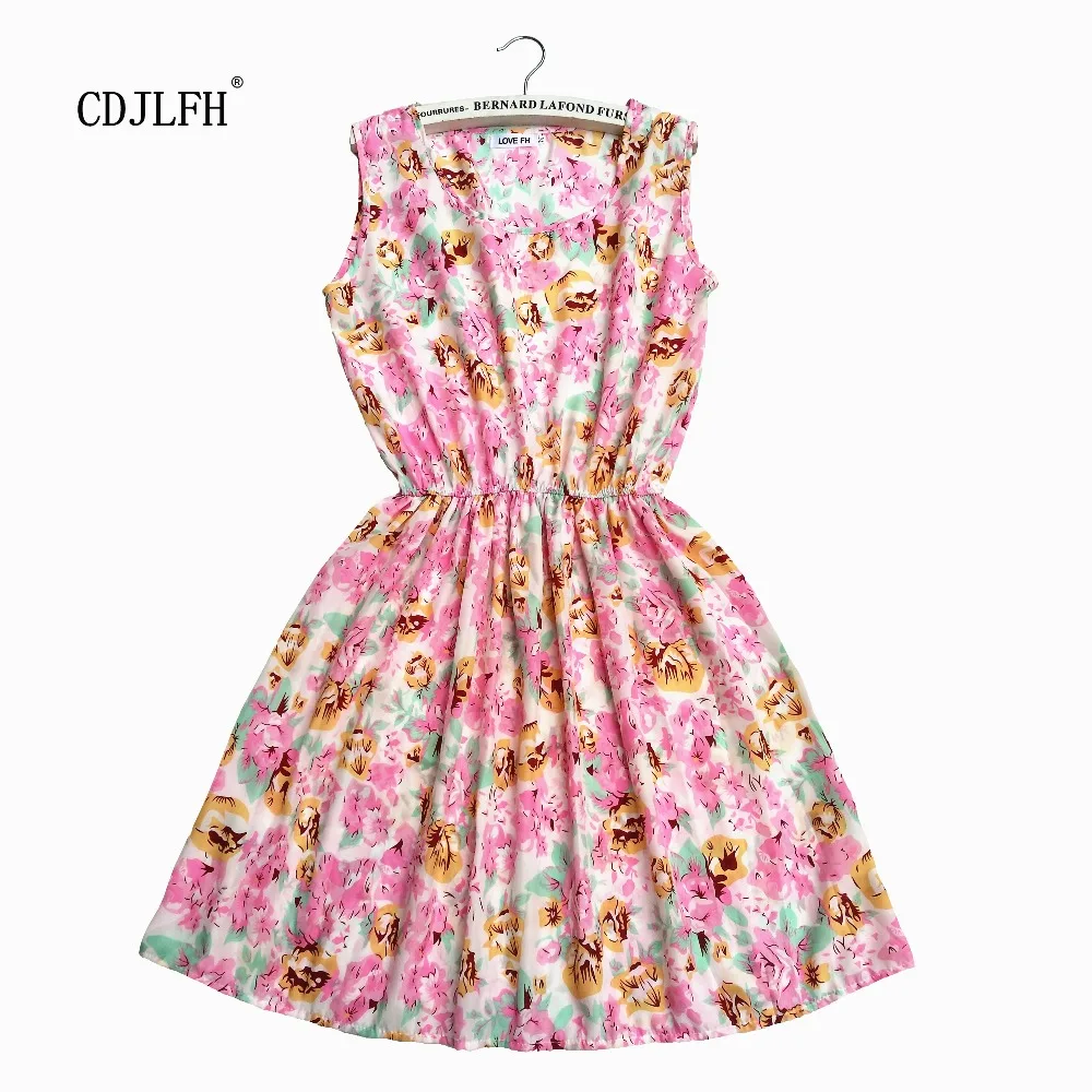Женское платье без рукавов с круглым вырезом и цветочным принтом|neck dress|dress casualdress