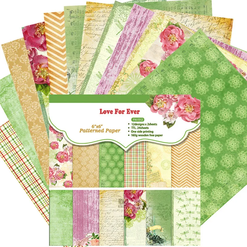 DIY Scrapbooking Kit 6inches Designer Spring Soft Green Patterned Paper Collection 24 Sheet Pads Background Papers Card Craft | Дом и сад