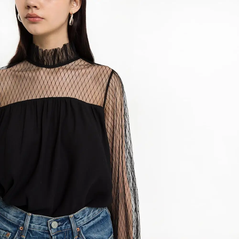 Сексуальный черный прозрачный сетчатый топ с воротником-стойкой и расклешенными
