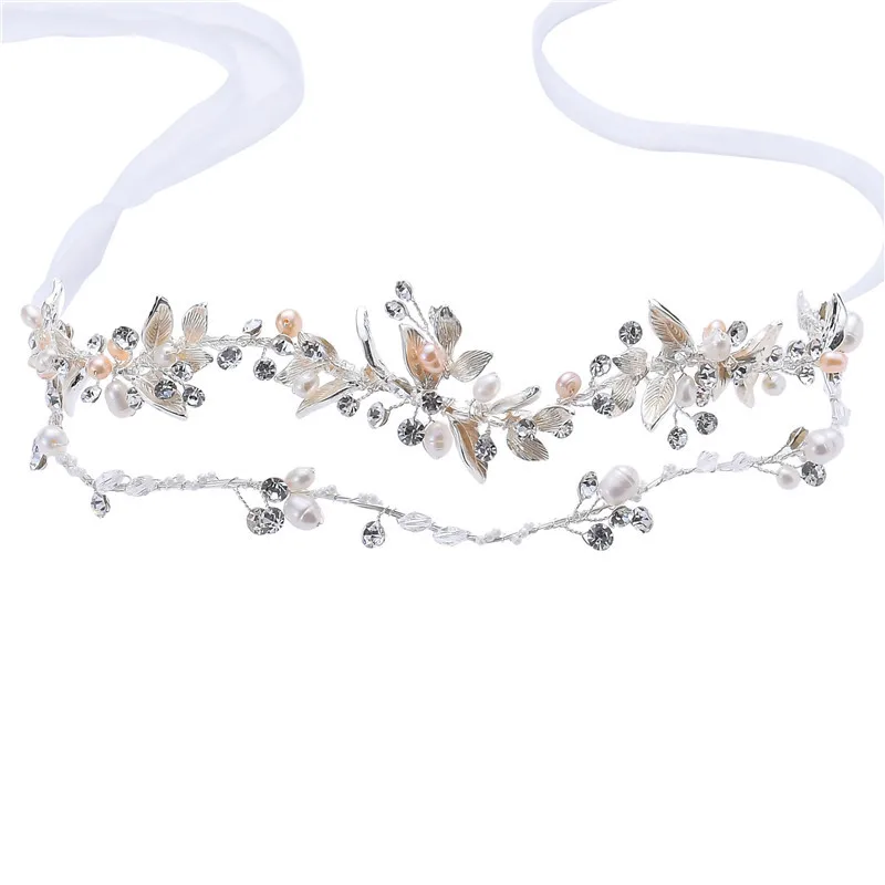 SLBRIDAL Серебряные стразы кристалл натуральным жемчугом свадебное украшение на голову для волос лоза аксессуары для волос подружки невесты Для женщин ювелирные изделия