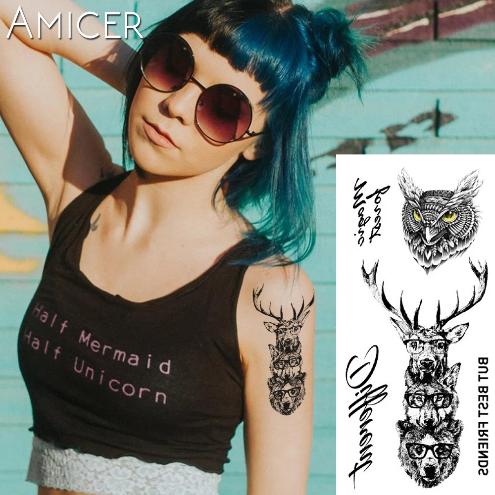 

1 piece Fantasy Color Owl elk deer Hot Large animal Temporary Tattoo Waterproof Tattoo Sticker for women men