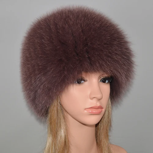 khaki purple Роскошная шапка из натурального Лисьего меха, женская зимняя эластичная вязаная шапка-бомбер из натурального Лисьего меха, теплые мягкие шапки-бини из лисьего меха для девочек - Цвет: khaki purple