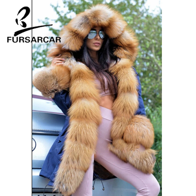 FURSARCAR Luxury Real Fur Coat Parka Women With Big Gold Fox Fur Trim Hood And Cuff Winter Thick Warm Fur Parka High Quality