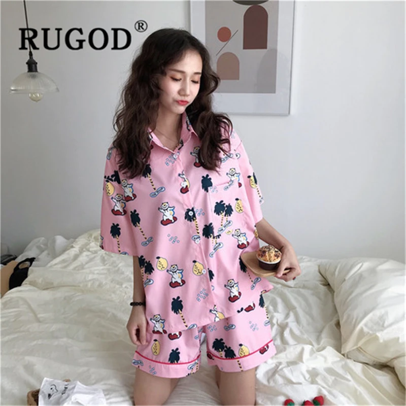 RUGOD/Повседневная Женская одежда для сна из 2 предметов Харадзюку С мультяшным принтом, домашняя пижама большого размера Женская Корейская летняя одежда для сна femme