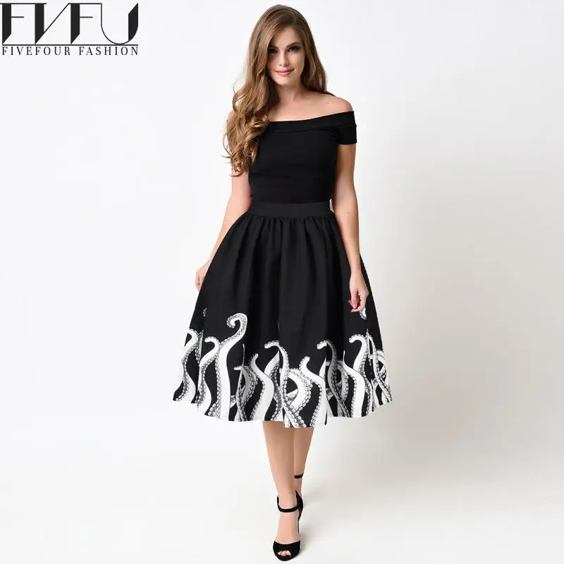 Новый Мода 2017 Лето Юбки для женщин Для S Осьминог черно белой печати