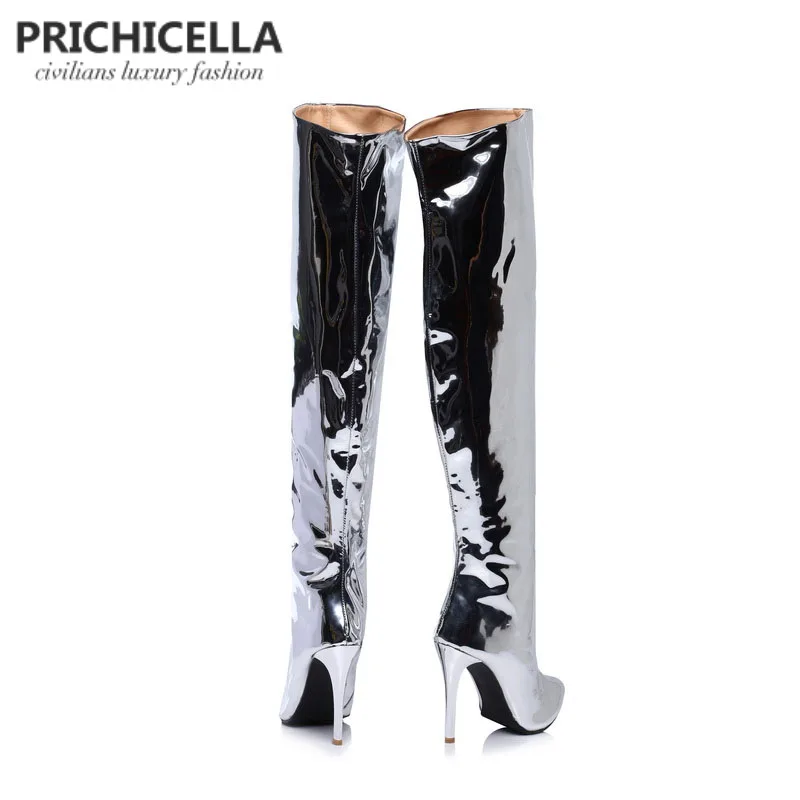 Стильные Серебристые высокие сапоги PRICHICELLA из зеркальной кожи с острым носком на
