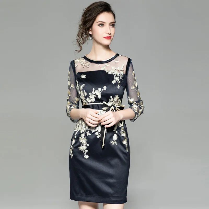 2018 осенние модные коктейльные вечерние Женское платье тюль сетка вышивка три