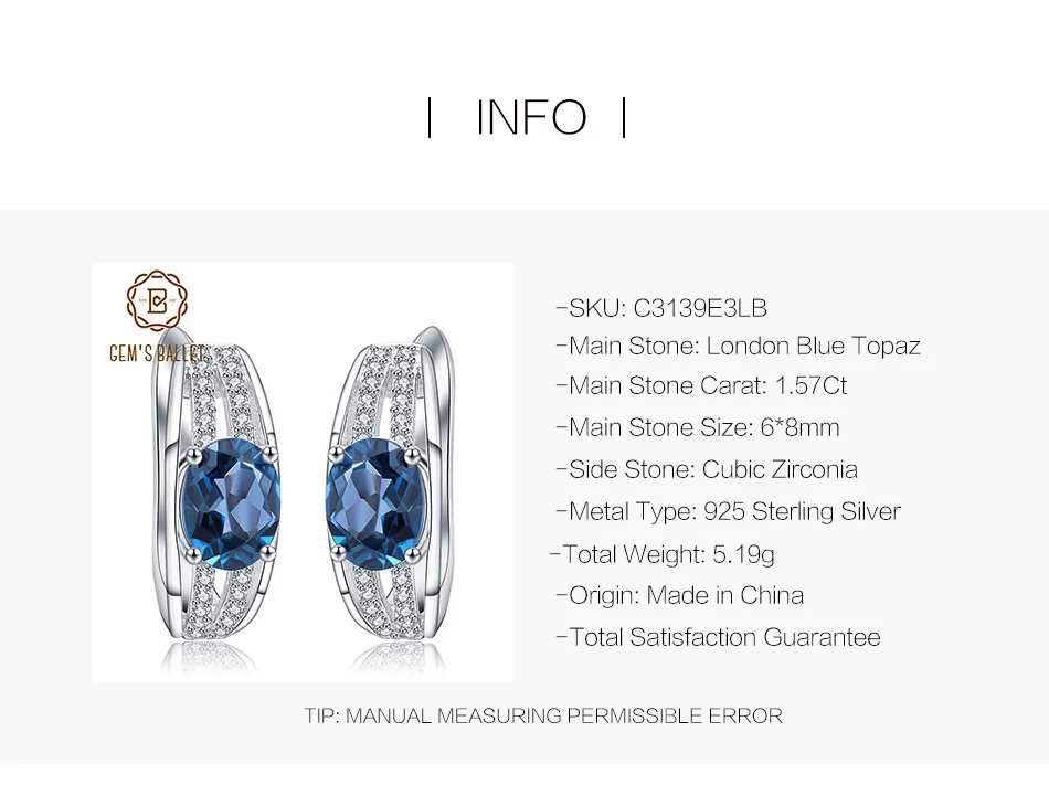 Gem's Ballet 1.57Ct Овальный натуральный Лондон Голубой топаз драгоценный камень свадебные серьги-гвоздики 925 пробы серебряные ювелирные изделия для женщин
