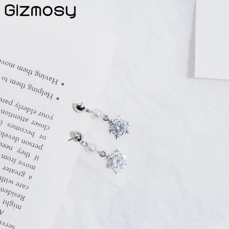 Серьги-гвоздики с жемчугом и снежинками простые длинные белые серьги-гвоздики