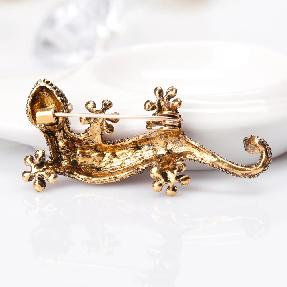 New Jewelry Large gecko Brooch with Crystal Colorful Retro Charms gold color Badges Brooches for Women Wedding | Украшения и