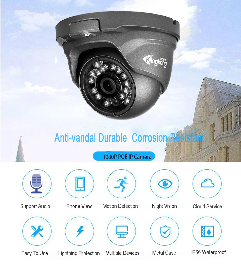 Kingkonghome IP камера 48V POE металлическая 1080P ONVIF сетевая камера безопасности CCTV обнаружение движения водонепроницаемая наружная аудио камера