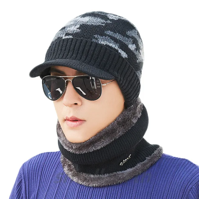 black 2pcs Осенне-зимняя мужская шапка плюс бархат Толстая вязаная шерстяная шапка шарф Набор мужские теплые шапочки модные Зимние ушанки плюшевый воротник шапка наборы - Цвет: black 2pcs