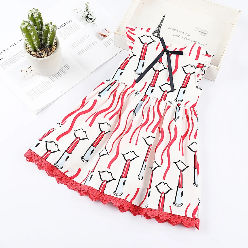 Little Girl Cotton Summer Dress Red Lips Pattern Print Wholesale Lots Bulk Clothes Fashion Lace Party Flare Sleeve | Детская одежда и