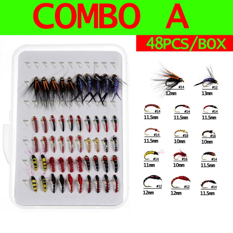 Set A 48pc flies Bimoo 40 шт./кор. Рыбалка Fly комплект Нимфа Midge шарик голова личинки куколки Stonefly для форель нахлыстом - Цвет: Set A 48pc flies